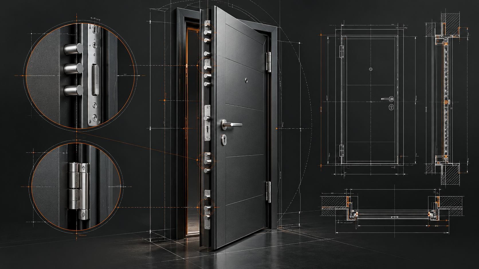 Illustrazione tecnica approvata di una porta blindata, con dettagli del sistema di chiusura e riferimenti CAD illustrativi.